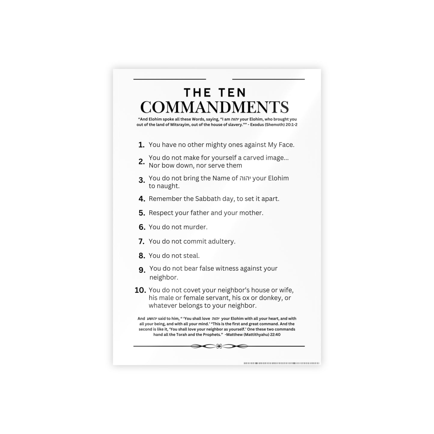 Ten Commandments Poster using the Name of יהוה your Elohim - Glossy Print (White Background Color)