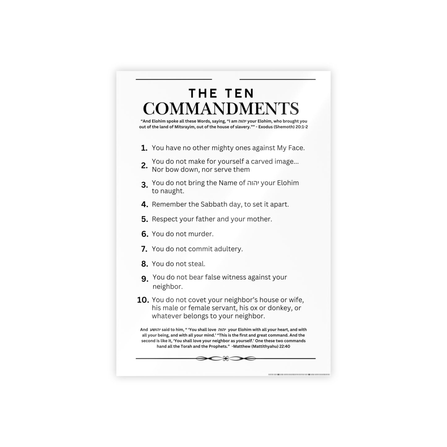 Ten Commandments Poster using the Name of יהוה your Elohim - Glossy Print (White Background Color)