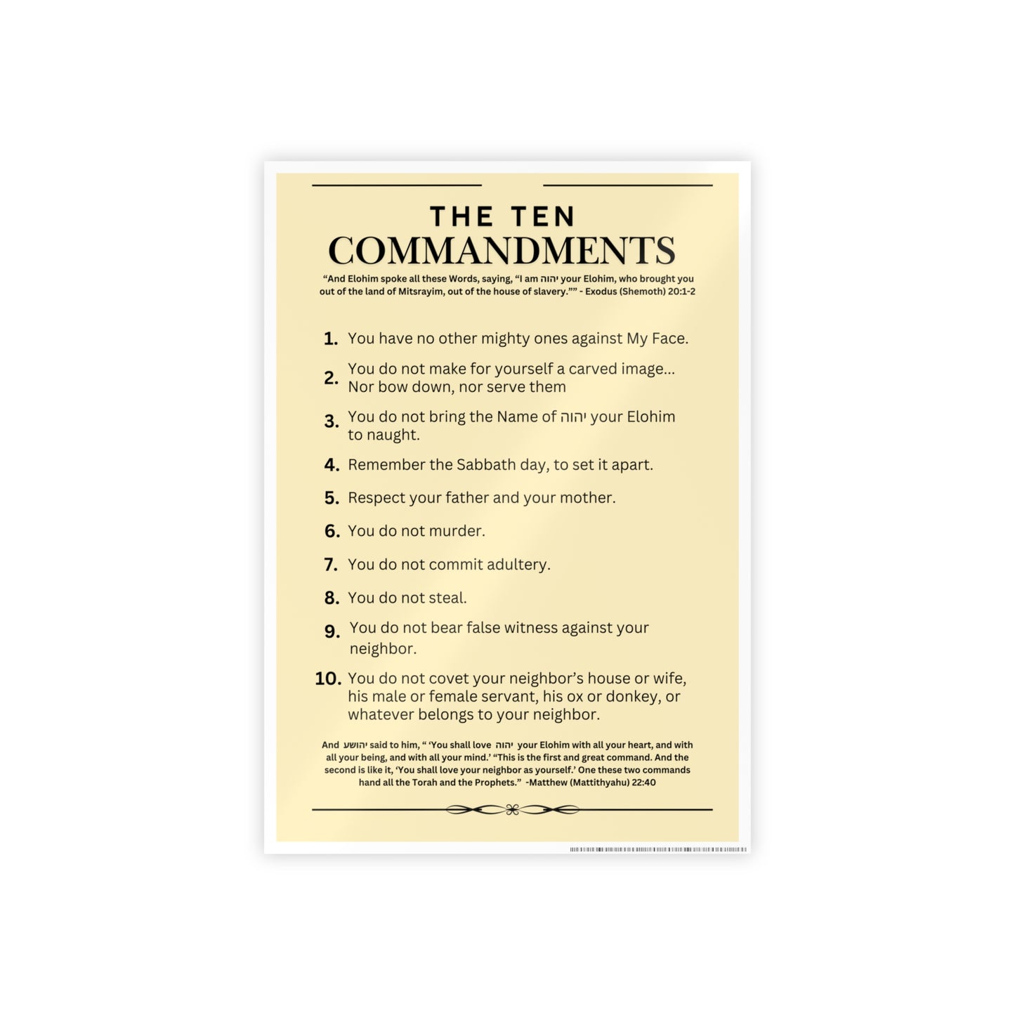 Ten Commandments Poster using the Name of יהוה your Elohim - Glossy Print (Natural Background Color)