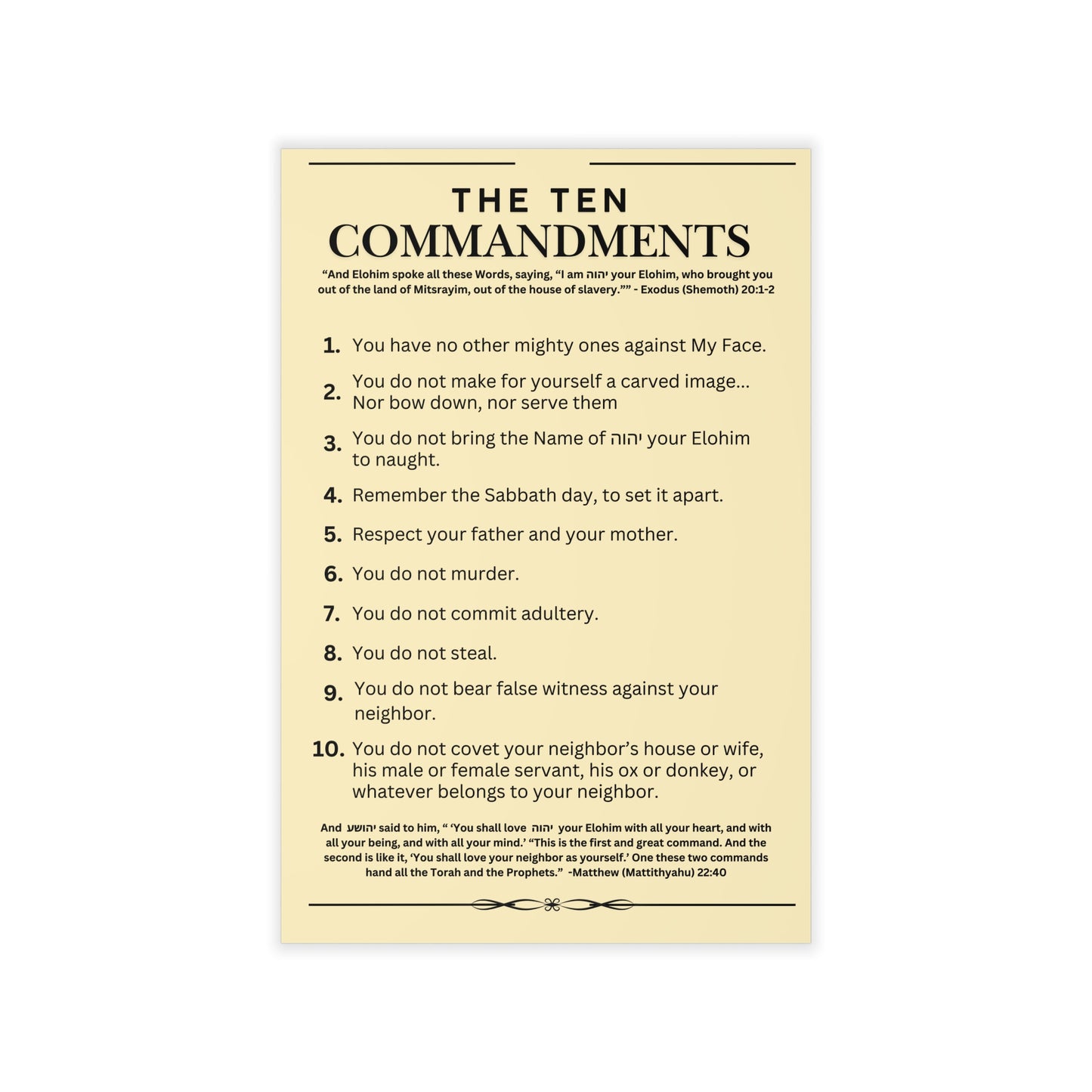 Ten Commandments using  the Name of יהוה your Elohim - Wall Decal - 12" x 18" (Natural Background Color)