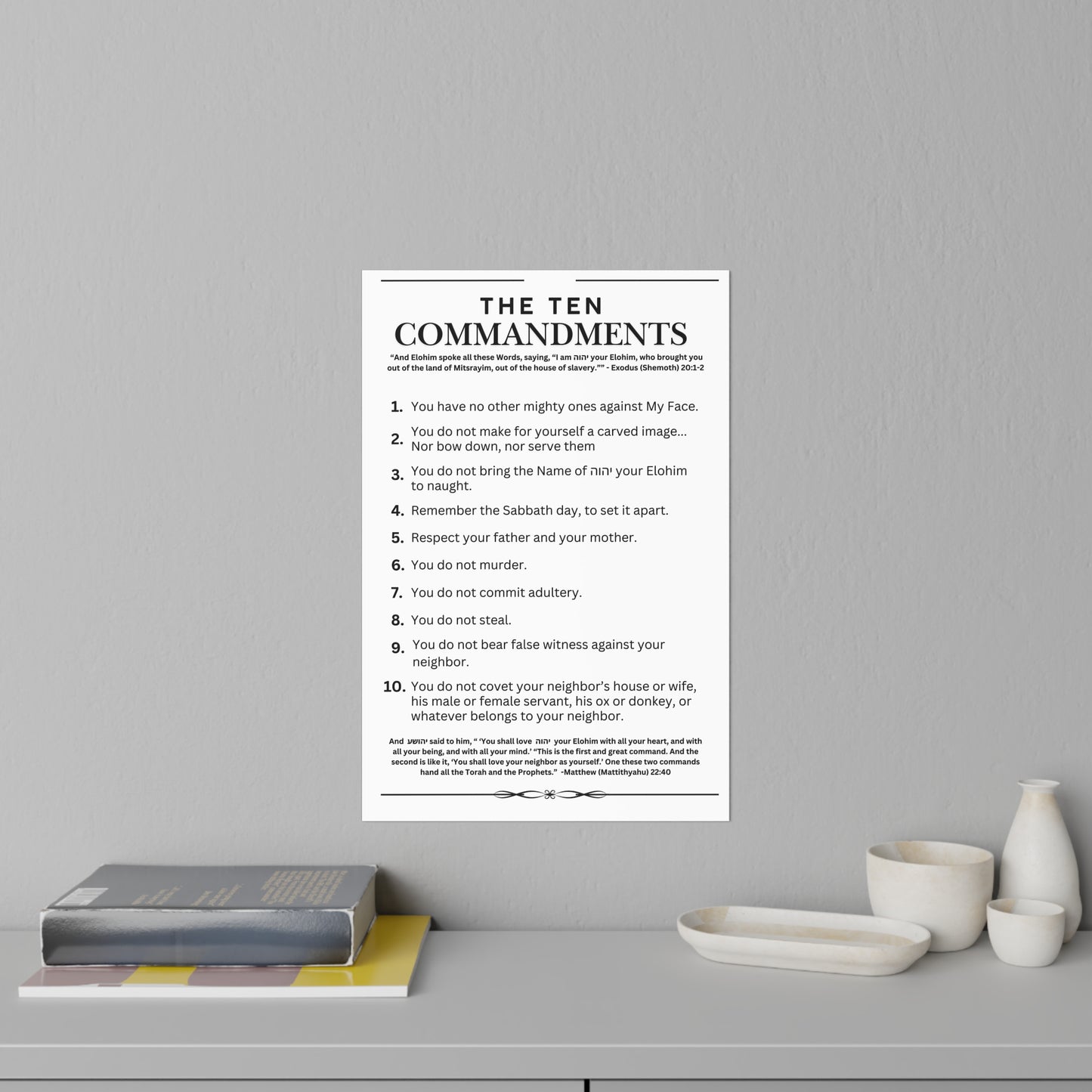 Ten Commandments using  the Name of יהוה your Elohim - Wall Decal - 12" x 18" (White Background Color)