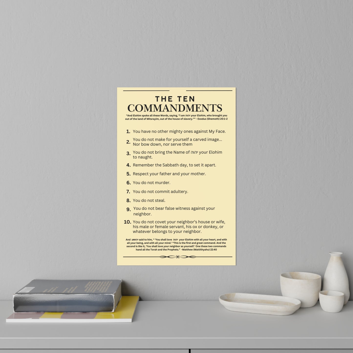 Ten Commandments using  the Name of יהוה your Elohim - Wall Decal - 12" x 18" (Natural Background Color)