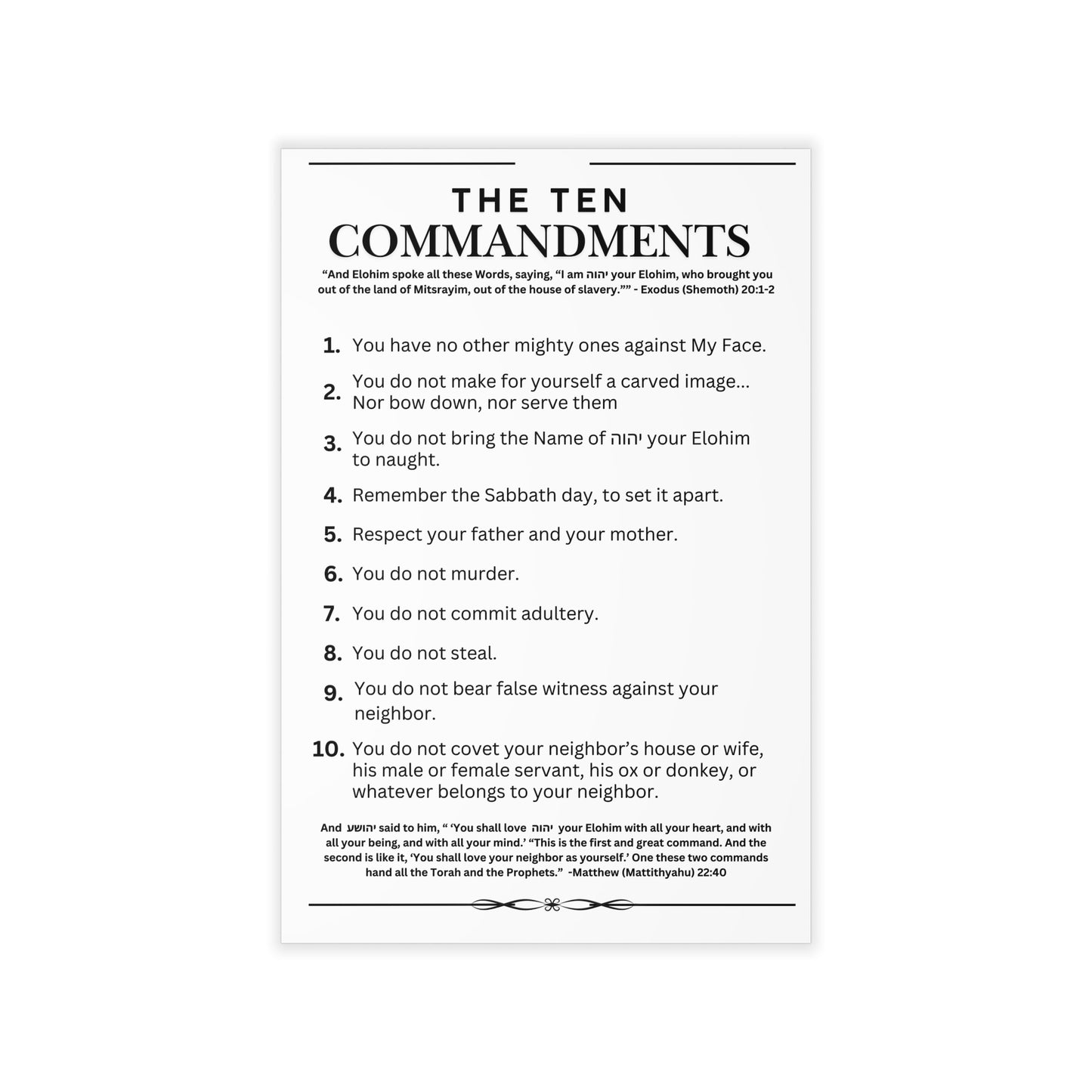 Ten Commandments using  the Name of יהוה your Elohim - Wall Decal - 12" x 18" (White Background Color)